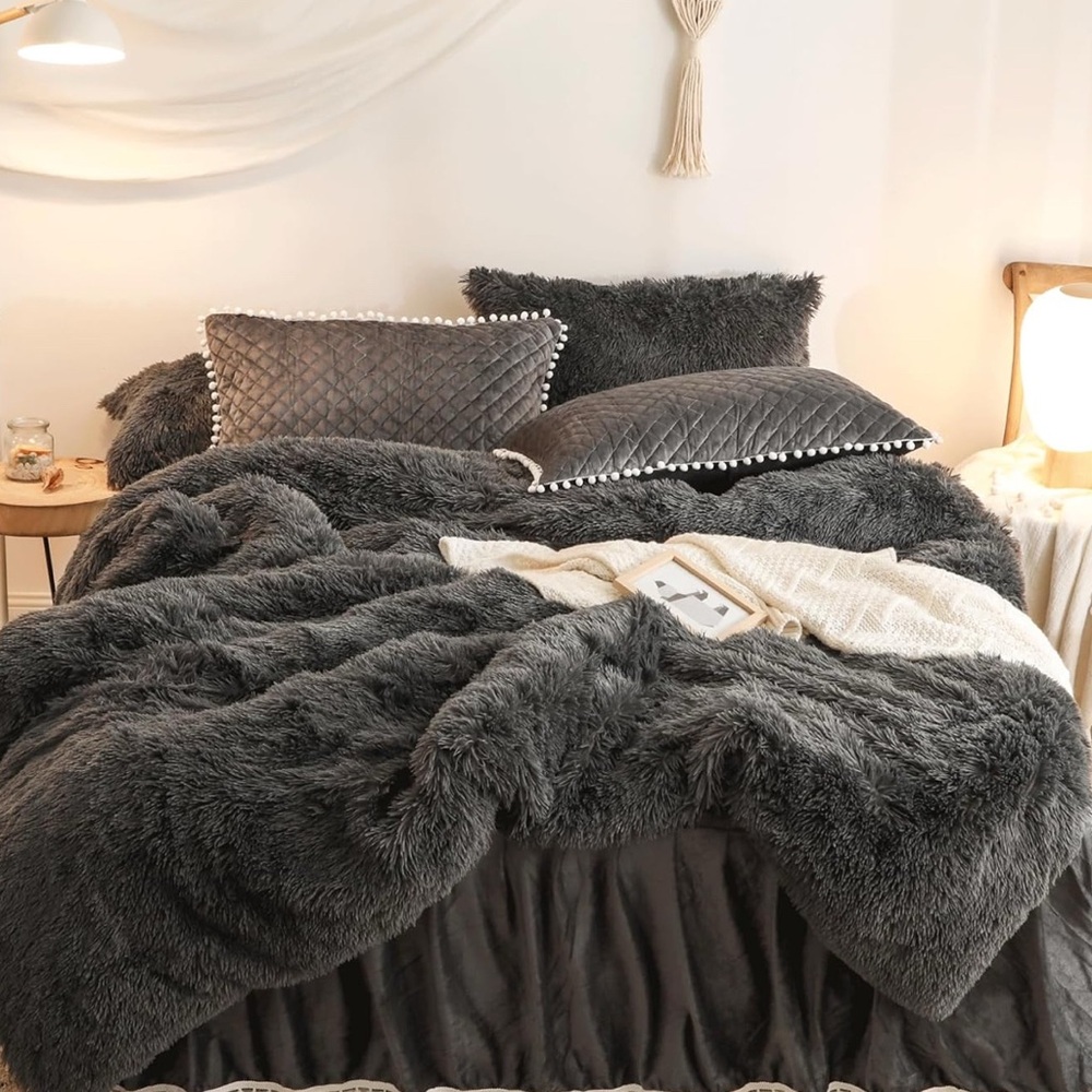 🎀DARK Gray Velvet Faux Fur Duvet Cover Zipper New🎀